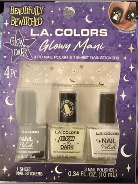 L.A. Colors Glowy Mani Kit 3 Polishes 1 Sheet Stickers Glow in the Dark